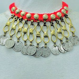 Tribal Vintage Coins Choker Necklace, Handmade Red Necklace With Dangling Coins